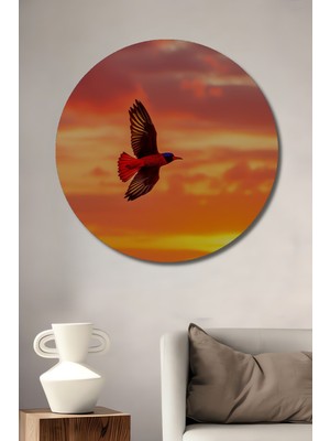 Gün Batımında Uçan Kızıl Kuş Yağlı Boya Görünümlü Dekoratif Ahşap Ev/işyeri/ofis Yuvarlak Tablo