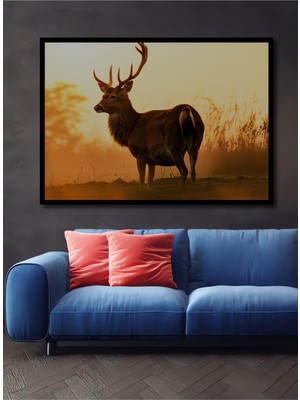 Çerçeve Görünümlü Güneşin Altında Geyik Yağlı Boya Görünümlü Işyeri/ofis Dekoratif Ahşap Kare Tablo