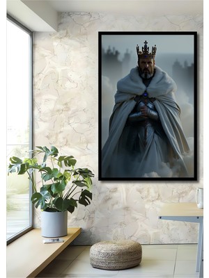 Çerçeve Görünümlü Kraliyet Zırhlı Hükümdar Yağlı Boya Görünümlü Dekoratif Ahşap Ofis Kare Tablo