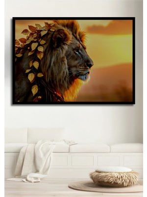 Çerçeve Görünümlü Altın Yapraklı Aslan Yağlı Boya Görünümlü Dekoratif Ahşap Işyeri/ofis Kare Tablo