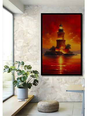 Çerçeve Görünümlü Kızıl Deniz Feneri Yağlı Boya Görünümlü Dekoratif Ahşap Ev/işyeri/ofis Kare Tablo