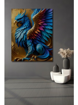 Altın Dokulu Mavi Phoenix Kuşu Yağlı Boya Görünümlü Dekoratif Ahşap Ev/işyeri/ofis Kare Tablo