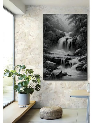 Siyah Beyaz Şelale Manzarası Kara Kalem Görünümlü Dekoratif Ahşap Dekoratif Ev/işyeri/ofis Tablo