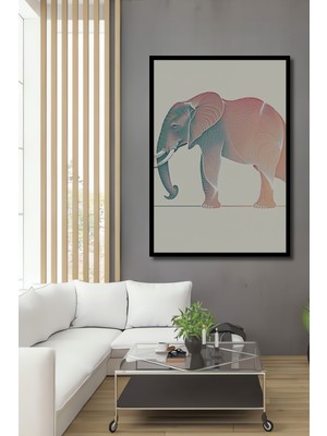 Çerçeve Görünümlü Çizgisel Fil Desenli Pastel Tonlarda Fil Işyeri/ofis Dekoratif Ahşap Kare Tablosu