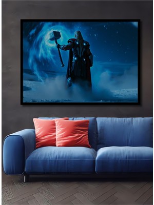 Çerçeve Görünümlü Thor Mjolnir Fırtınası Yağlı Boya Görünümlü Dekoratif Ahşap Ofis Kare Tablo