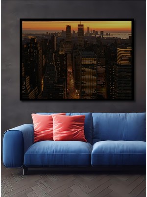 Çerçeve Görünümlü New York Şehir Manzarası Yağlı Boya Görünümlü Dekoratif Ahşap Ofis Kare Tablo