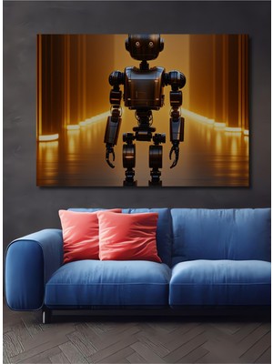 Metalik Robot Gelecek Koridoru Yağlı Boya Görünümlü Dekoratif Ahşap Ev/işyeri/ofis Kare Tablo