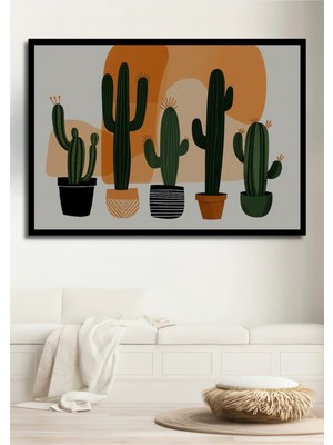 Çerçeve Görünümlü Modern Sanat Kaktüs Bahçesi Yağlı Boya Görünümlü Dekoratif Ahşap Ofis Kare Tablo