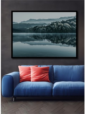 Çerçeve Görünümlü Buz Mavi Göl Manzarası Yağlı Boya Görünümlü Dekoratif Ahşap Ofis Kare Tablo