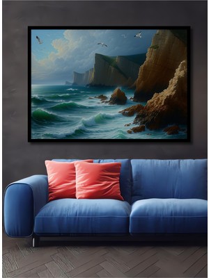 Çerçeve Görünümlü Deniz Kenarı Uçurumlar Yağlı Boya Görünümlü Dekoratif Ahşap Ofis Kare Tablo