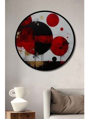 Çerçeve Görünümlü Kırmızı Siyah Daireler Modern Sanat Yağlı Boya Görünümlü Ahşap Ofis Tablo