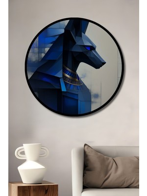 Çerçeve Görünümlü Mavi Anubis Geometrik Yağlı Boya Görünümlü Dekoratif Ahşap Ofis Yuvarlak Tablo