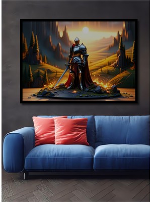Çerçeve Görünümlü Zırhlı Şövalye Görkemli Manzara Yağlı Boya Görünümlü Ahşap Ofis Kare Tablo
