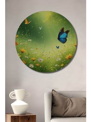 Sulu Boya Görünümlü Kelebekler ve Çiçekler Bahçesi Dekoratif Ahşap Ev/işyeri/ofis Yuvarlak Tablo