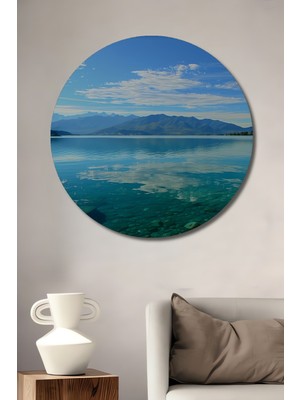 Turkuaz Göl Manzarası Sulu Boya Görünümlü Dekoratif Ahşap Ev/işyeri/ofis Yuvarlak Tablo