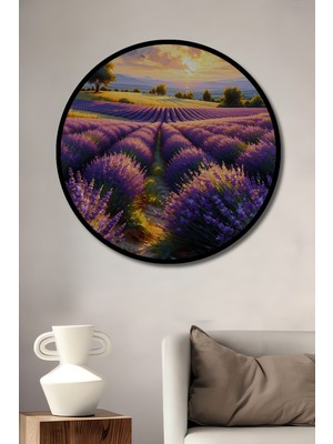 Çerçeve Görünümlü Lavanta Tarlası Yağlı Boya Görünümlü Dekoratif Ahşap Işyeri/ofis Yuvarlak Tablo