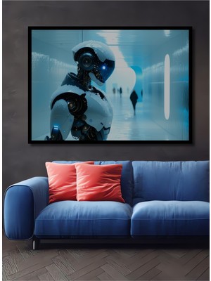 Çerçeve Görünümlü Karda Yürüyen Robot Yağlı Boya Görünümlü Dekoratif Ahşap Işyeri/ofis Kare Tablo