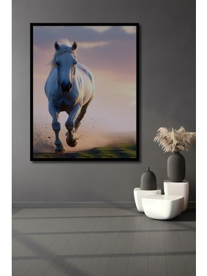 Çerçeve Görünümlü Beyaz Atın Şafağı Yağlı Boya Görünümlü Dekoratif Ahşap Ev/işyeri/ofis Kare Tablo