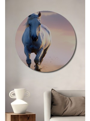 Beyaz Atın Şafağı Yağlı Boya Görünümlü Dekoratif Ahşap Ev/işyeri/ofis Yuvarlak Tablo