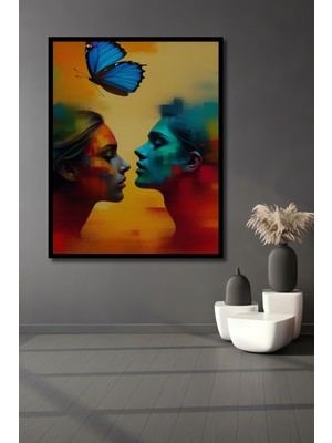 Çerçeve Görünümlü Kelebek Aşkı Yağlı Boya Görünümlü Dekoratif Ahşap Dekoratif Ofis Kare Tablo