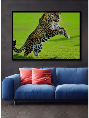 Çerçeve Görünümlü Zıplayan Leopar Yağlı Boya Görünümlü Dekoratif Ahşap Ev/işyeri/ofis Kare Tablo