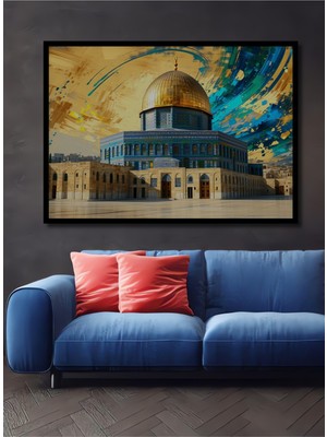 Çerçeve Görünümlü Kudüs Kubbet Üs Sahra Yağlı Boya Görünümlü Dekoratif Ahşap Işyeri/ofis Kare Tablo