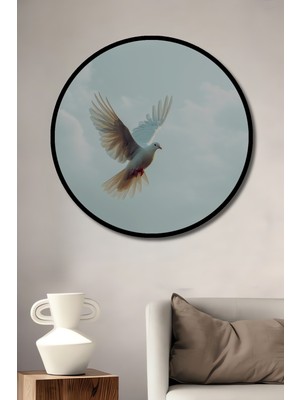 Çerçeve Görünümlü Uçan Beyaz Güvercin Yağlı Boya Görünümlü Dekoratif Ahşap Ofis Yuvarlak Tablo