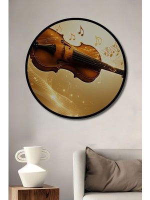 Çerçeve Görünümlü Altın Rüyası Keman Yağlı Boya Görünümlü Dekoratif Ahşap Ofis Yuvarlak Tablo