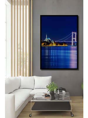 Çerçeve Görünümlü Istanbul Boğaz Köprüsü ve Cami Gece Manzarası Yağlı Boya Görünümlü Ofis Tablo
