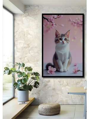 Çerçeve Görünümlü Pembe Çiçekler Arasında Tatlı Kedi Yağlı Boya Görünümlü Ahşap Ofis Kare Tablo