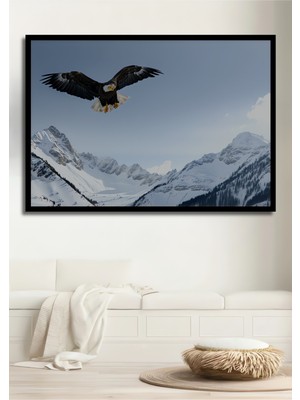 Çerçeve Görünümlü Kanat Açmış Kartalın Kar Manzarası Yağlı Boya Görünümlü Ahşap Ofis Kare Tablo