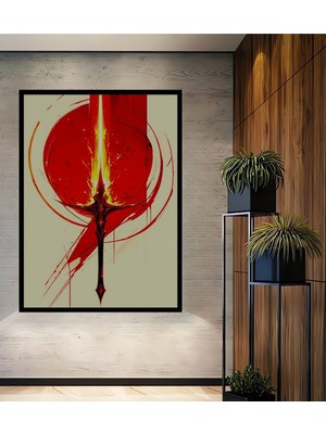 Çerçeve Görünümlü Ateş Kılıcı Soyut Sanat Yağlı Boya Görünümlü Dekoratif Ahşap Ofis Kare Tablo