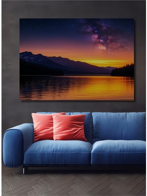 Gökyüzü Yıldızları Göl Manzarası Yağlı Boya Görünümlü Dekoratif Ahşap Ev/işyeri/ofis Kare Tablo