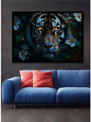 Çerçeve Görünümlü Çiçekler Içinde Parlayan Gözlü Kaplan Yağlı Boya Görünümlü Ofis Ahşap Tablo