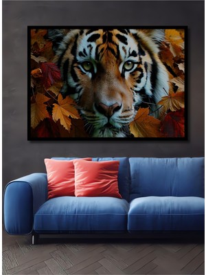 Çerçeve Görünümlü Sonbahar Yaprakları Arasında Kaplan Yağlı Boya Görünümlü Ahşap Ofis Kare Tablo