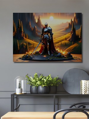 Zırhlı Şövalye Görkemli Manzara Yağlı Boya Görünümlü Dekoratif Ahşap Ev/işyeri/ofis Kare Tablo