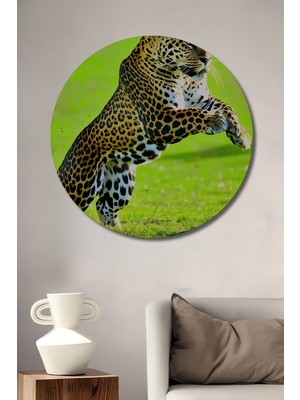 Zıplayan Leopar Yağlı Boya Görünümlü Dekoratif Ahşap Ev/işyeri/ofis Yuvarlak Tablo