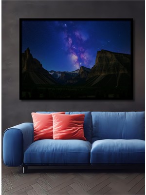 Çerçeve Görünümlü Yıldız Tozu Dağ Manzarası Yağlı Boya Görünümlü Dekoratif Ahşap Ofis Kare Tablo