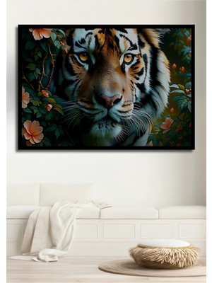 Çerçeve Görünümlü Çiçekler Içinde Bengal Kaplanı Yağlı Boya Görünümlü Ahşap Ofis Kare Tablo