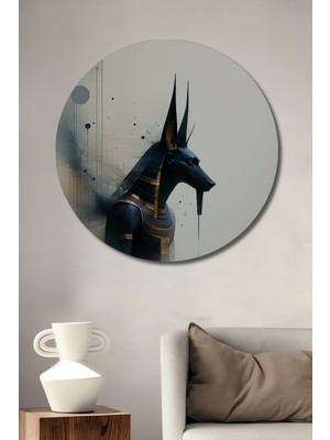 Anubis Tanrısı Yağlı Boya Görünümlü Dekoratif Ahşap Ev/işyeri/ofis Yuvarlak Tablo