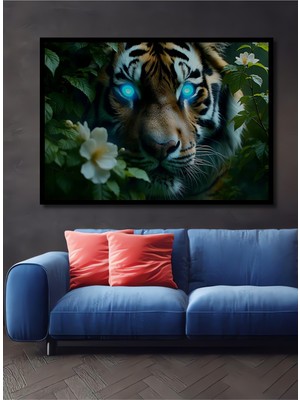 Çerçeve Görünümlü Neon Gözlü Kaplan Yağlı Boya Görünümlü Ev/işyeri/ofis Dekoratif Ahşap Kare Tablo