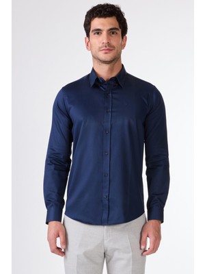 Lacivert Erkek Slim Fit Düz Düğmeli Yaka Uzun Kol Gömlek