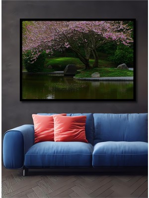 Çerçeve Görünümlü Sakura Ağaçları ve Gölet Pastel Boya Görünümlü Dekoratif Ahşap Ofis Kare Tablo