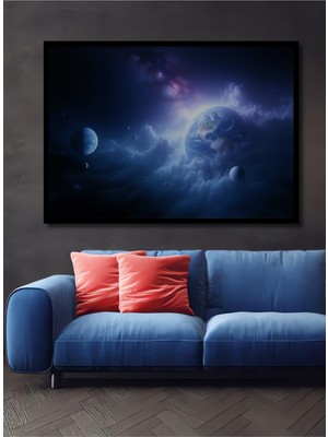 Çerçeve Görünümlü Rüya Gezegenler Bulutlar Yağlı Boya Görünümlü Dekoratif Ahşap Ofis Kare Tablo