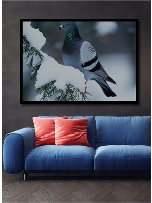 Çerçeve Görünümlü Kar Manzaralı Güvercin Yağlı Boya Görünümlü Dekoratif Ahşap Ofis Kare Tablo