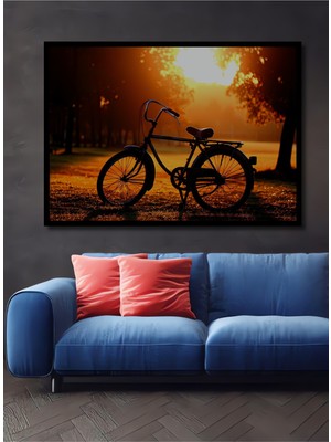 Çerçeve Görünümlü Gün Batımında Nostaljik Bisiklet Yağlı Boya Görünümlü Ahşap Ofis Kare Tablo