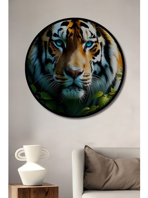 Çerçeve Görünümlü Çiçek Bahçesinde Yağlı Boya Görünümlü Bengal Kaplanı Salon Ahşap Tablo