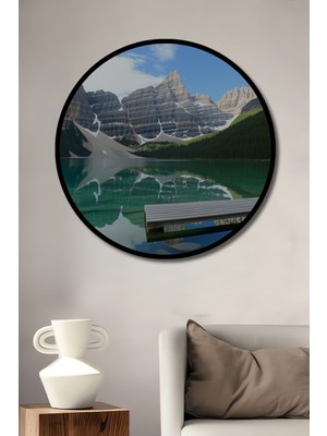 Çerçeve Görünümlü Dağların Gölgesi Pastel Boya Görünümlü Dekoratif Ahşap Işyeri/ofis Yuvarlak Tablo