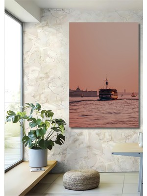 Pembe Gün Batımında Istanbul Vapuru Yağlı Boya Görünümlü Dekoratif Ahşap Ev/işyeri/ofis Kare Tablo