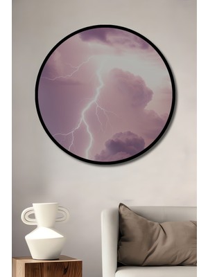 Çerçeve Görünümlü Elektrik Fırtınası Yağlı Boya Görünümlü Dekoratif Ahşap Ofis Yuvarlak Tablo